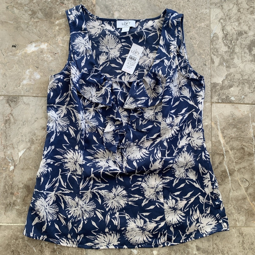 Ann Taylor Loft Petite XSP Blue Floral Ruffle Front Sleeveless Blouse Top NWT